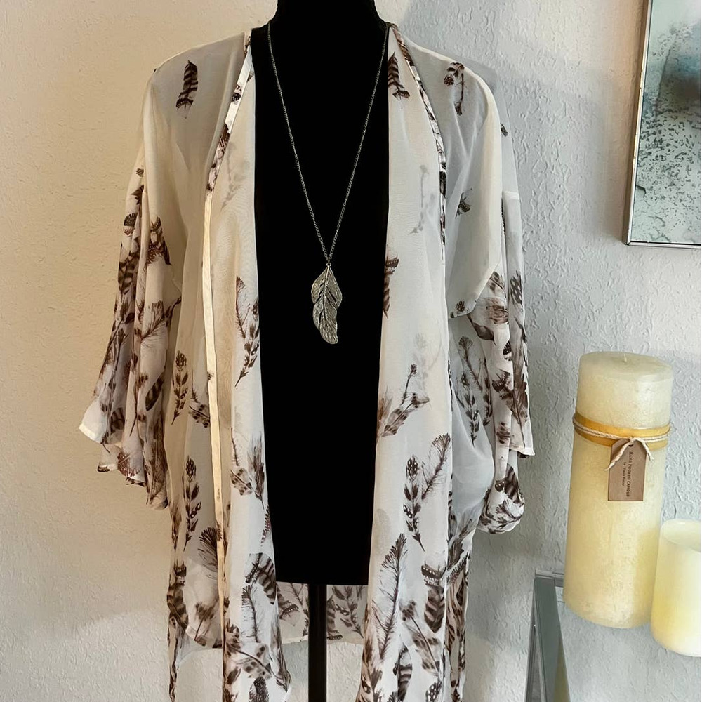 Silk Kimono Cover Up with Feather Necklace, One Size Fits All